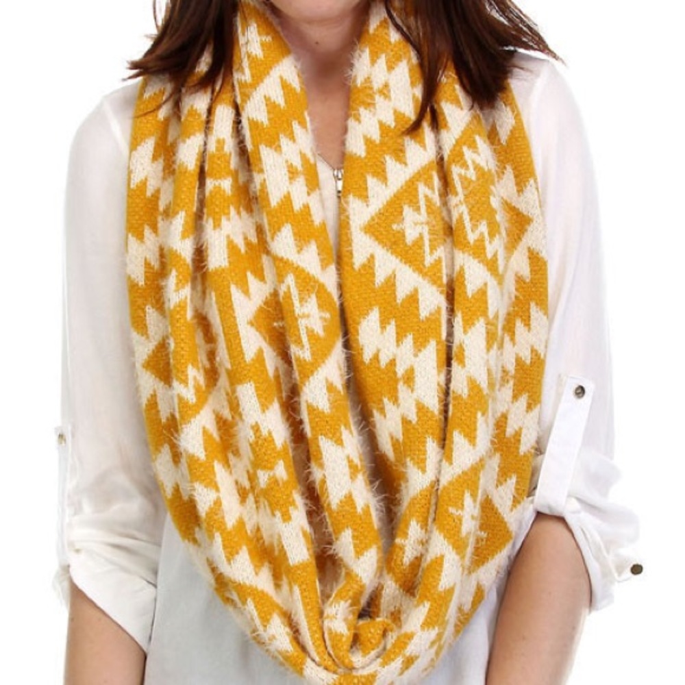 Navajo Pattern Fuzzy circle Scarf in Mustard